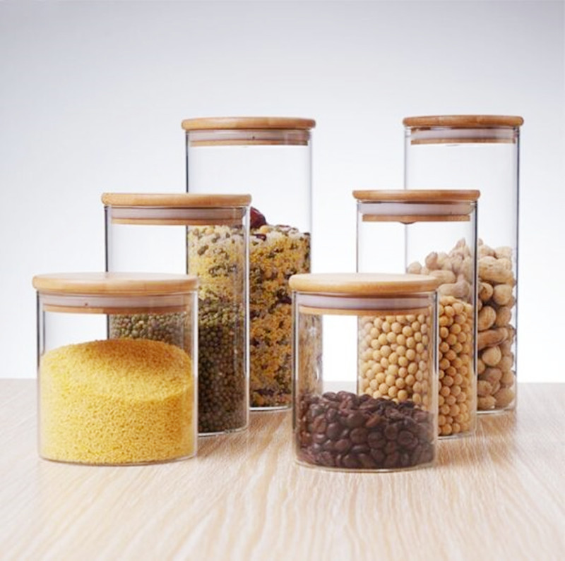Pots de stockage de nourriture en verre clair à haute teneur en borosilicate avec couvercles en bambou d'étanchéité